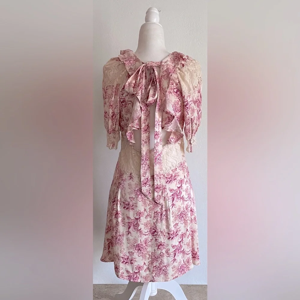 FREE PEOPLE Lucie Mini in Pink Combo Tie Back Dress w/ Lace - Picture 2 of 11